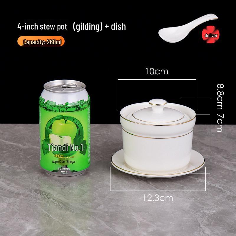 Белый керамический горшок для тушения с крышкой - Китайский суповой и пароварочный горшок в стиле Шасянь, с золотым ободком.