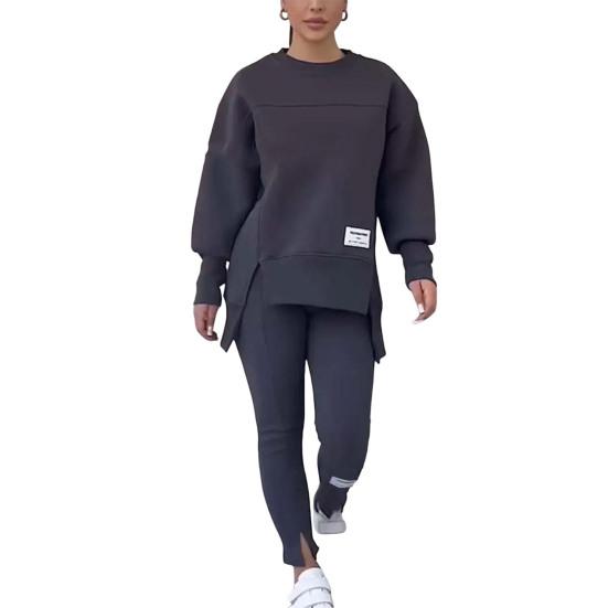 2 Pcs/Set Women Top Pants Suit Round Neck Long Sleeve Slit Hem Sweatshirt Elastic Waist Solid Color Slim Fit Trousers Winter Daily Wear Outfit