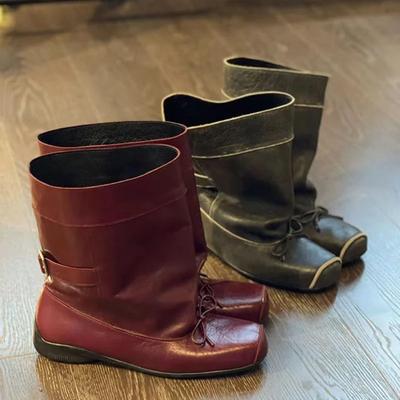 Женские зимние сапоги с бантом и квадратным носком, обувь на плоской подошве, дизайнерская обувь, модные зимние мотоциклетные сапоги 2024 года, трендовое платье Zapatillas Mujer