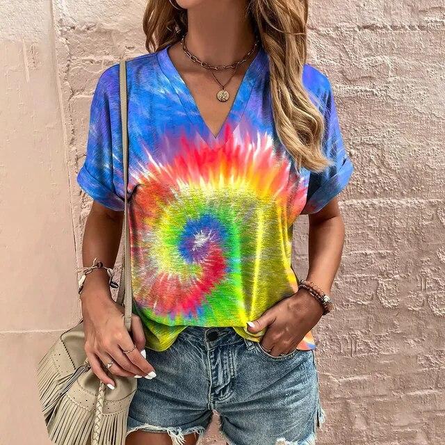 Женская футболка с v-образным вырезом, топы с 3d принтом тай-дай, футболки 5XL, летняя модная женская одежда, повседневный уличный женский пуловер большого размера