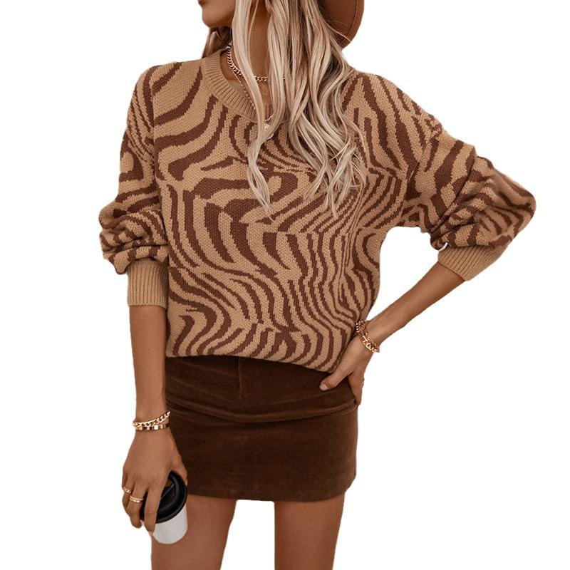 2024 Европейский и Американский Осень-Зима Новый Круглый Вырез Пуловер Леопардовый Принт Цвет Блок Свитер Для Женщин