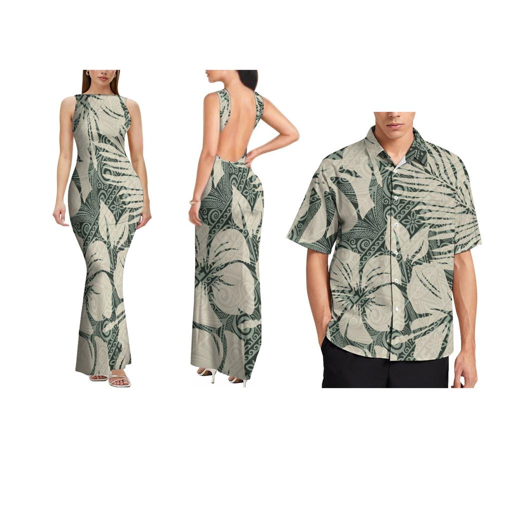 Customized Pacific Island Design Womens Sleeveless Backless Sexy Dresses and Aloha Mens Stiff Neck Shirt Sets off Couples 2pcs