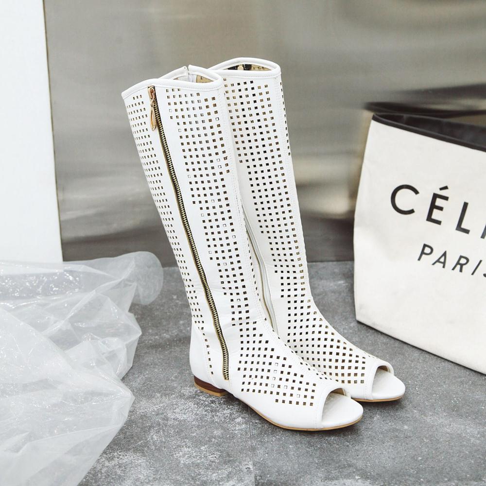 Мода Мода Женские Балетки До Колена Летние Сапоги С Открытым Носком Квадратный Каблук Ажурные Вечерние Туфли Ретро Рим Сексуальная Женская Обувь Размер 34-43