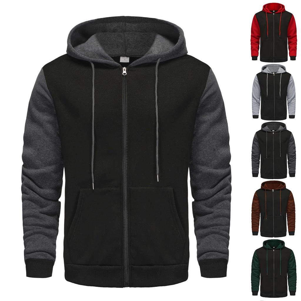 Men Zip Up Long Sleeve Pullover Casual Color Block Hooded Sweatshirt Drawstring Sport Winter Jacket With Pocket