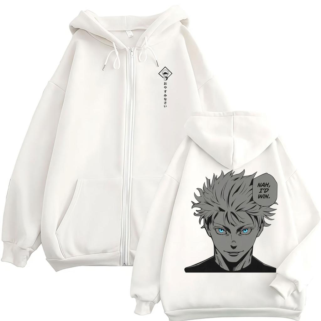 Japan Anime Jujutsu Kaisen Gojo Satoru Zipper Hoodie Cosplay Manga Cardigan Sweatshirt Men Women Loose Fleece Coats Streetwear