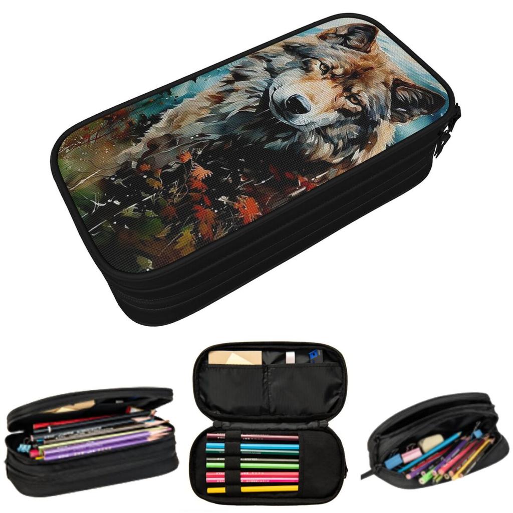 Wolf In The Wild Watercolor Pencil Case for Studen Gifts Pen Box Pencil Bag Stationery Supplies Pen Holder Bag