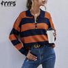 Женская мода повседневная осень-зима полосатый принт длинный рукав поло воротник свитера