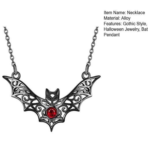 Gothic Bat Pendant Necklace Faux Ruby Hollow-out Bat Necklace Halloween Jewelry
