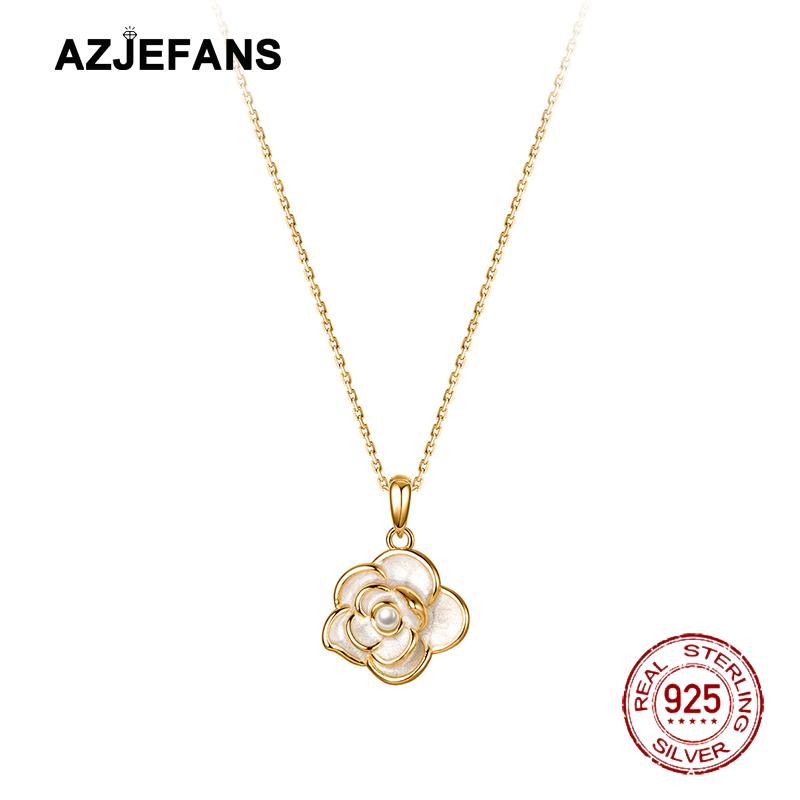 S925 Sterling Silver Camellia Synthetic Pearl Women Necklace Jewelry