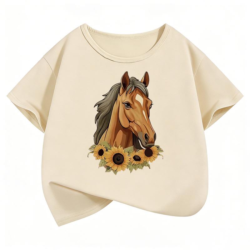 Fashion Horse with Flower T-Shirt Girls Animal Printed T Shirt Girls' Summer Clothes Short Sleeve Tops T-Shirts Cute Clothing