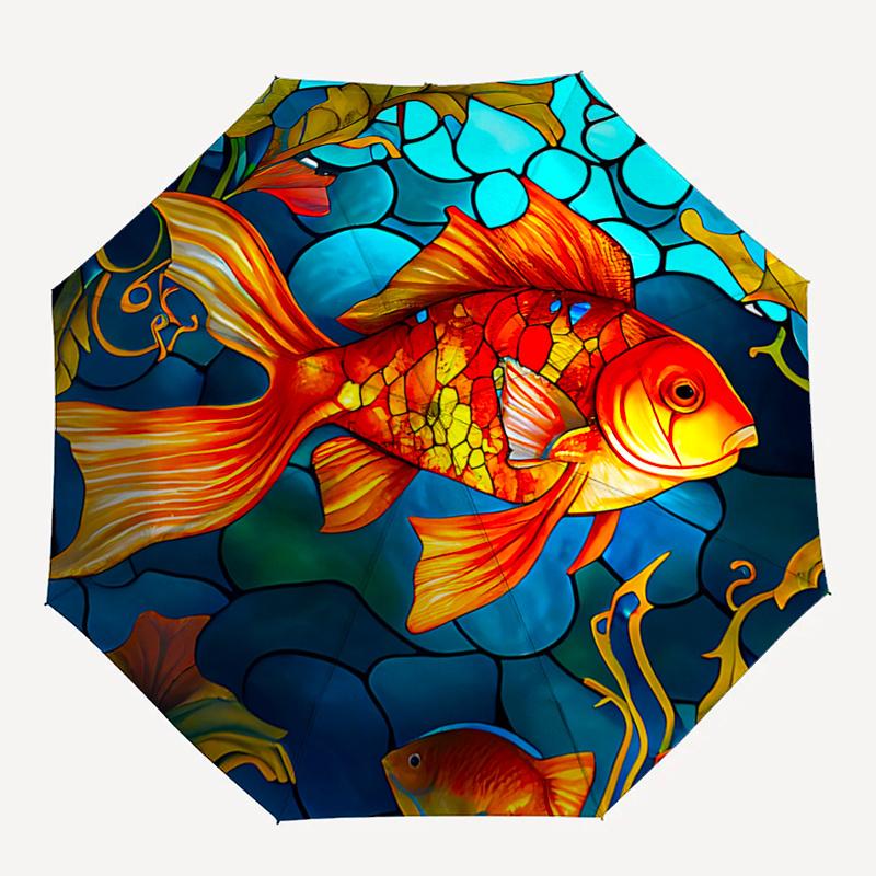 Stained Fish Design Automatic Opening Folding Umbrella with Iron Frame Perfect for Fans,Travelers,Daily Use,and Festive Gifts!1121009a