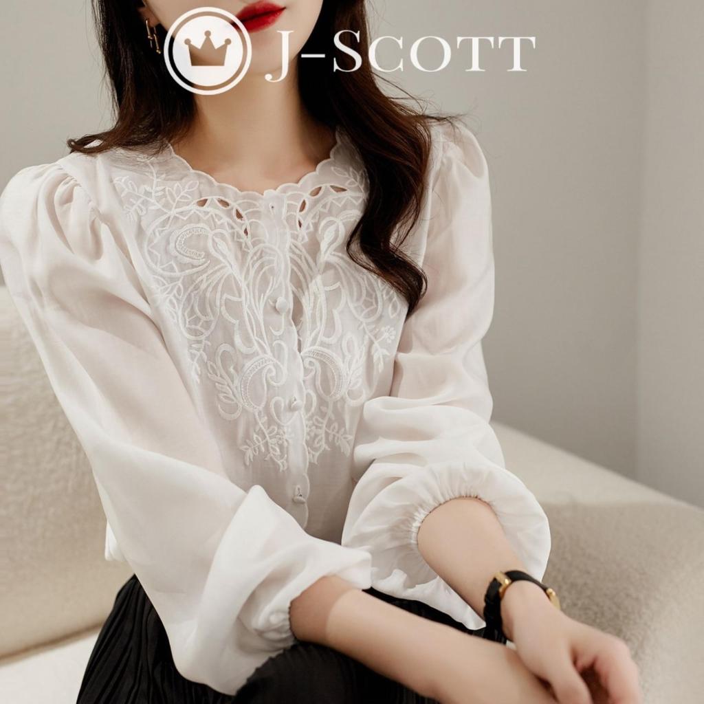 Блузка из вышитого шифона J-Scott с ботаническим принтом, рукавами-буфами, длинными рукавами, фестончатым дизайном, белая (JS86-WH-XL) (Ограниченный запас)