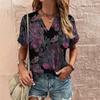 Retro Print Women's T Shirt Classic Floral Tees For Ladies Summer V-Neck Short Sleeve Tops Female Oversized Clothes Daily Blouse