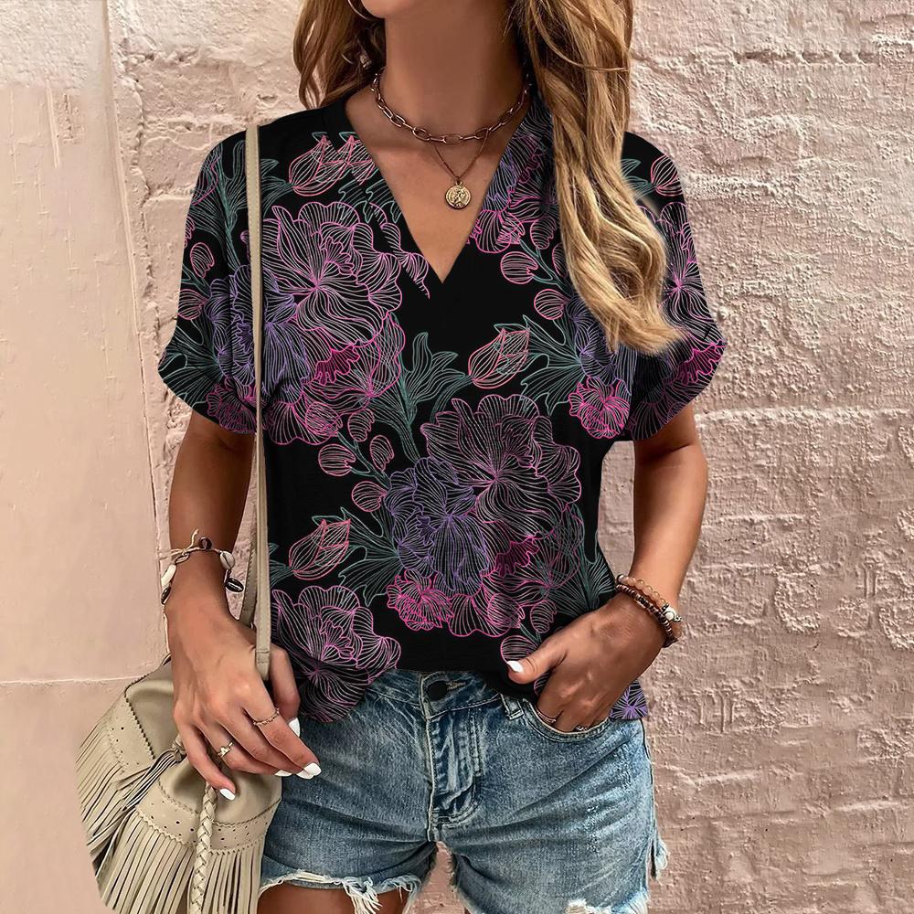 Retro Print Women's T Shirt Classic Floral Tees For Ladies Summer V-Neck Short Sleeve Tops Female Oversized Clothes Daily Blouse