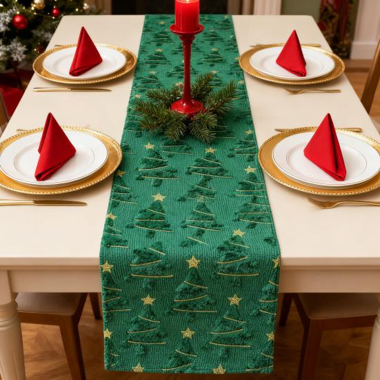 Green Christmas Tree Table Runner 13x72 In Soft Plush Faux Fur Jacquard Table Runner for Holiday Kitchen Dining Table Decor