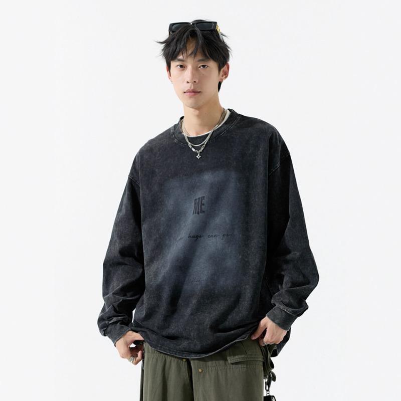 Men S Plus Size Loose Washed Vintage Long Sleeve Crew Neck Casual T Shirt
