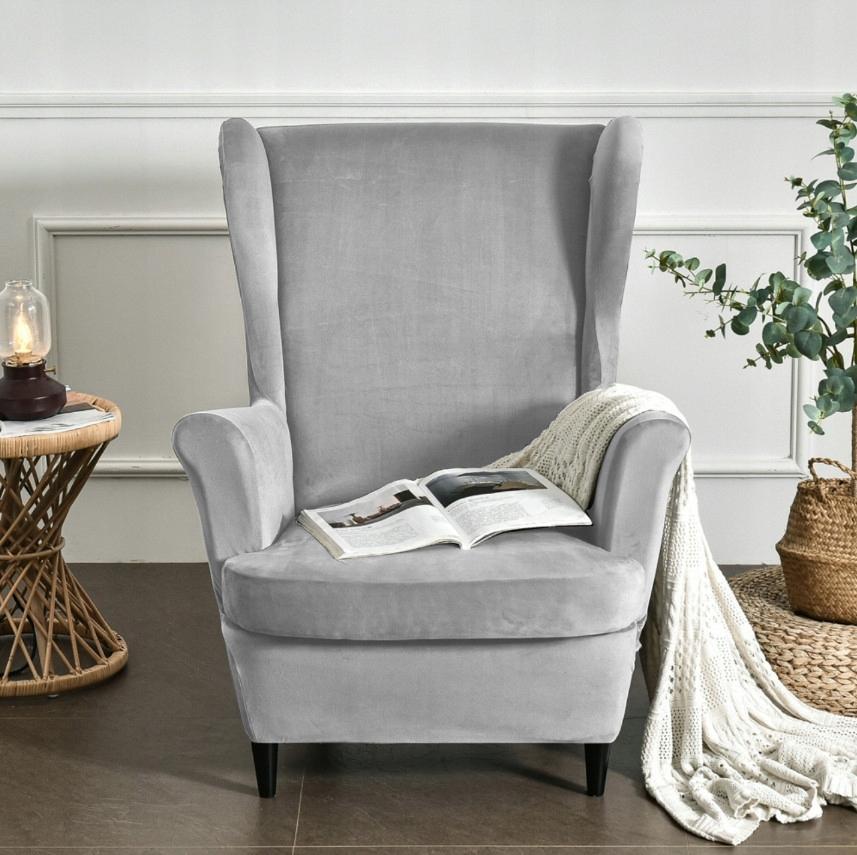 Light Gray Velvet Elastic Wingback Chair Cover [22E5]