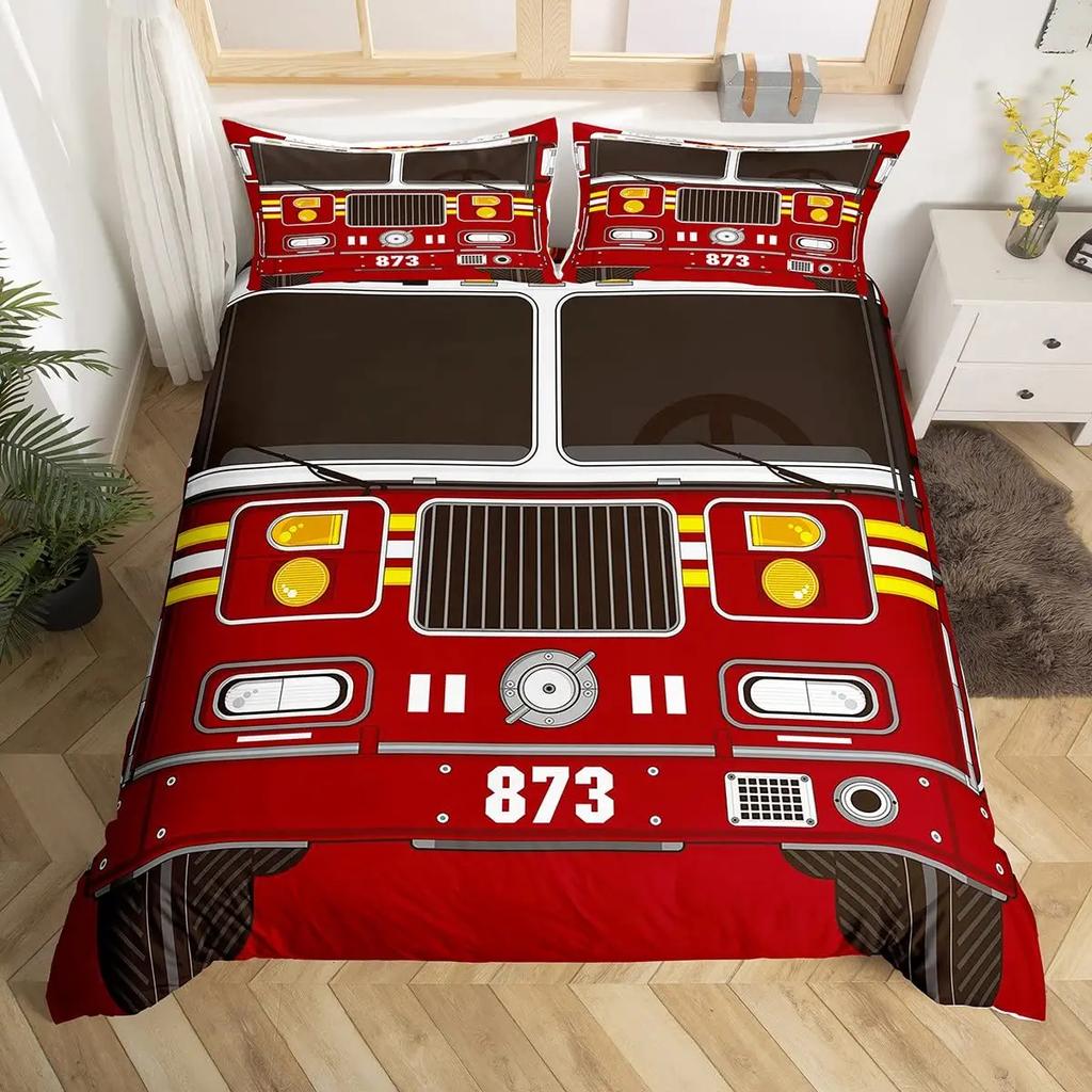 Firefighter Truck Duvet Cover King/Queen Size Red Firemen Car Bedding Set For Boys Girls Fire Engine Polyester Quilt Cover
