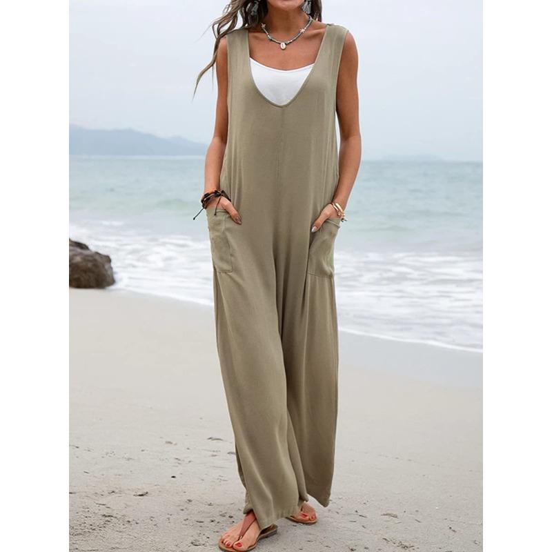 YYFS Женская мода повседневная летняя весна однотонная без рукавов с V-образным вырезом свободная талия брюки комбинезоны и комбинезоны