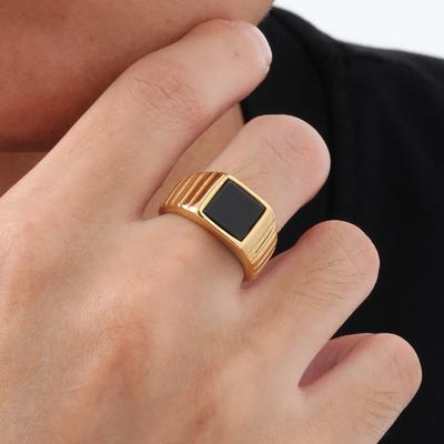 Мужское кольцо с черным камнем, квадратное кольцо из нержавеющей стали золотого цвета, кольцо на большой палец, кольцо-печатка, обручальное кольцо, классический модный циркон, подарок