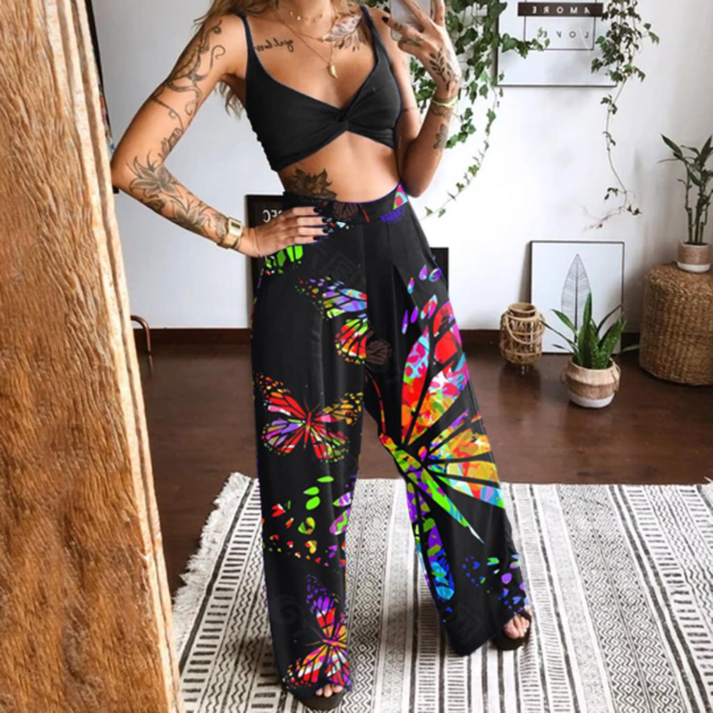 Women Casual Butterfly Printed Sleeveless Camis Tops+Long Pants 2 Piece Set