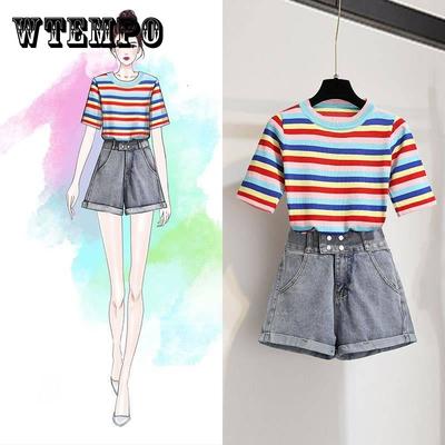 Комплект шорт, летняя эластичная футболка в радужную полоску, джинсовые шорты, комплект из двух женских футболок