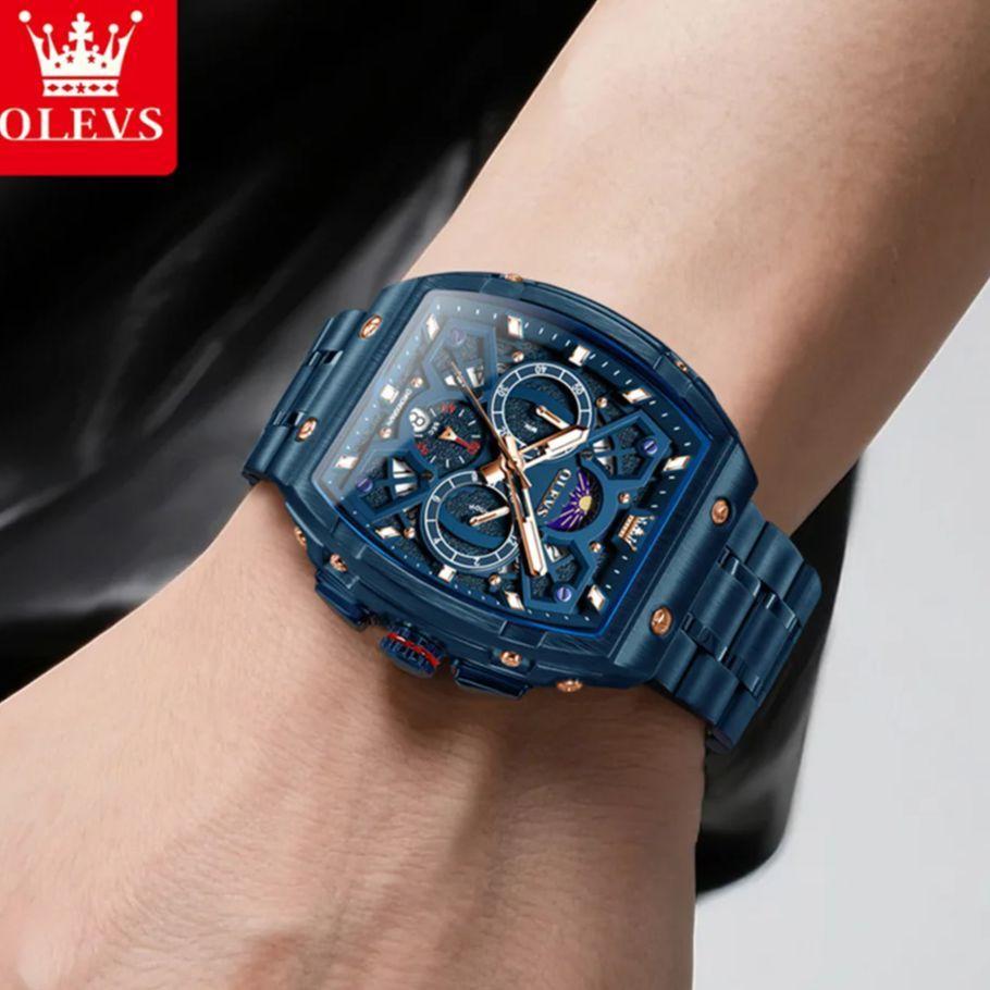 OLEVS Mens Chronograph Watch Original Tonneau Quartz Watch Waterproof Luminous Stainless Steel Watches For Men