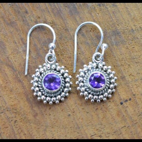 Solid 925 Sterling Silver Amethyst Round Gemstone Earrings Drop Earrings Gift For Her