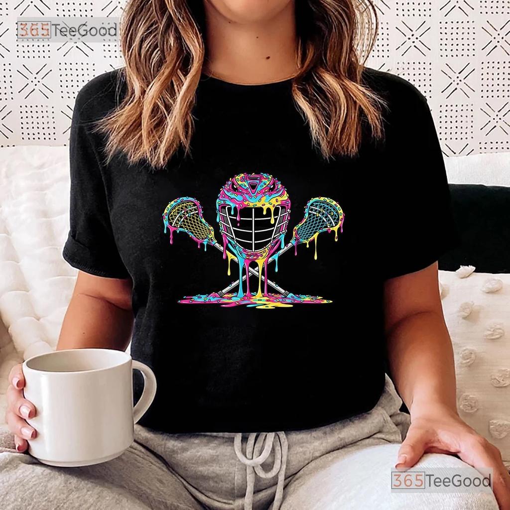 Футболка с графическим принтом Lacrosse Drip Ice Cream, Спортивная футболка игрока в лакросс с шлемом и клюшками