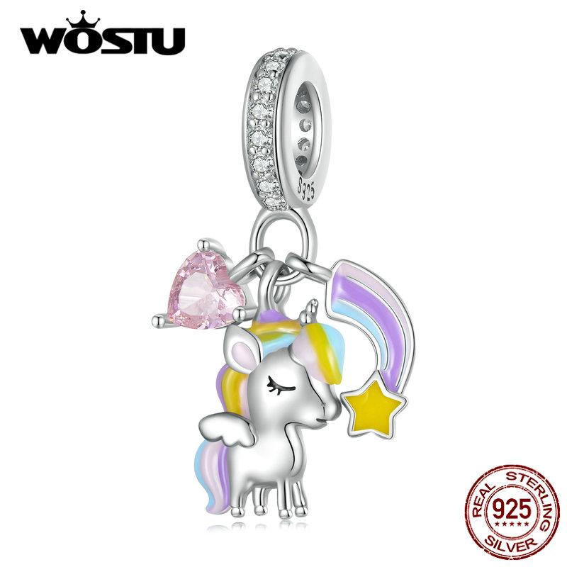 WOSTU 925 Sterling Silver Rainbow & Unicorn Bead Lovely Horse Pendant Charm for Women Original Necklace Bracelet