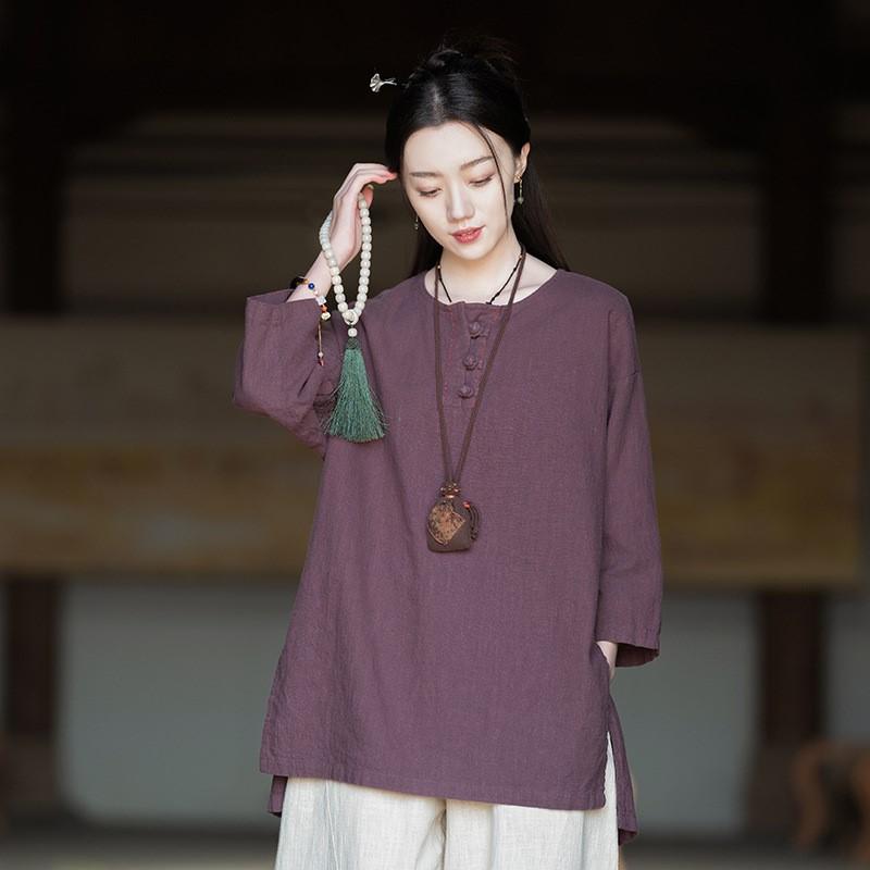 Johnature Женские винтажные футболки в китайском стиле с круглым вырезом и семью рукавами, однотонные свободные футболки с весенними пуговицами