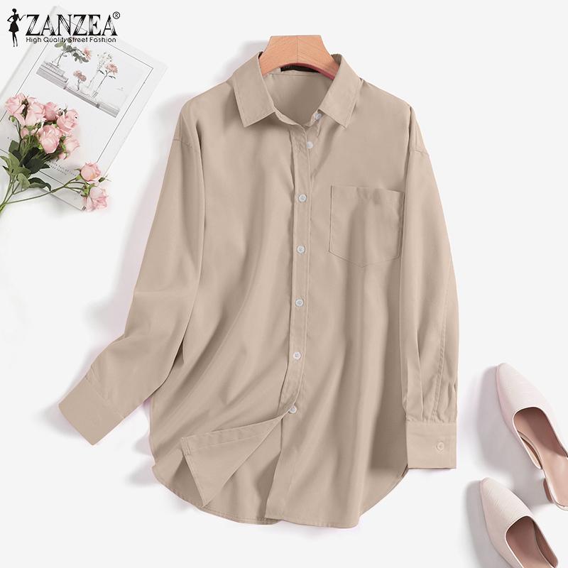 ZANZEA Женская элегантная однотонная свободная блузка на пуговицах с отложным воротником и длинными рукавами