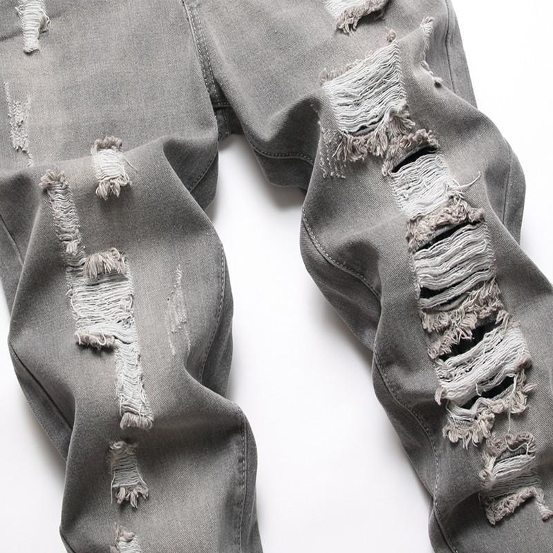 2024 европейские и американские новые перфорированные повседневные серые выбеленные джинсы обычные неэластичные облегающие брюки со средней талией