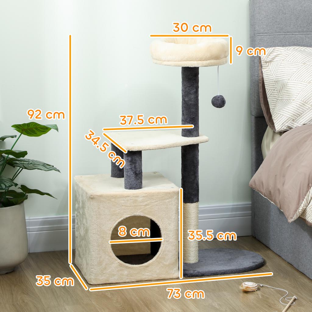 Cat Scratching Tree 92 cm Tall with House, Bed, Sisal Posts and Ball, Cream White