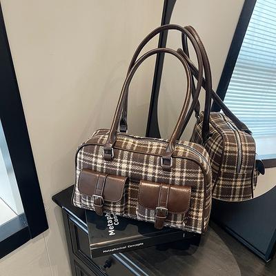 Сумка-подушка Mori Retro Plaid Woolen Large Capacity Женская сумка-боулинг Boston, сумка для регулярных поездок через плечо и подмышку