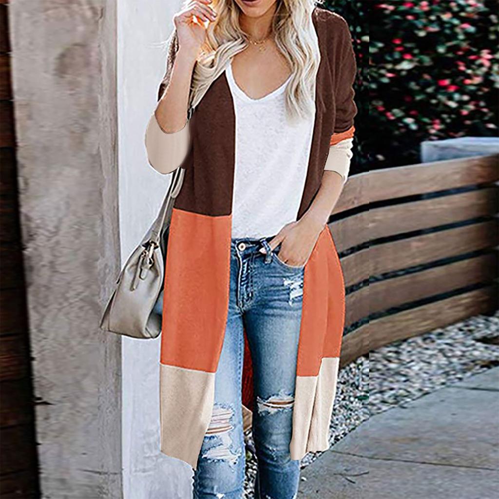 Женский цветной полосатый карман с длинным рукавом, повседневная вязаная верхняя одежда, кардиган, свитер