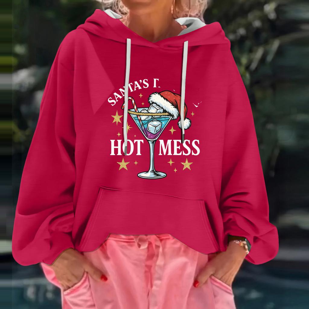 Women's Christmas Print Loose Casual Long Sleeve Hooded Sweatshirt