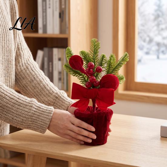 Holiday Table Plants Velvet Christmas Ball Potted Plants, Mini Tree with Artificial Pine, Desktop Red Berry, Fabric Bow, Tabletop Centerpiece for Xmas
