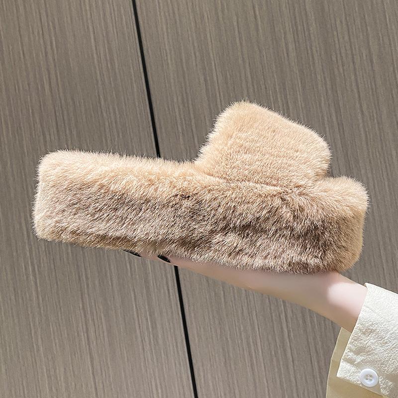 Увеличивающие рост толстоподошвенные пушистые тапочки женские осенне-зимние для улицы пушистая обувь на одной перемычке ins домашние домашние плюшевые тапочки весна и лето