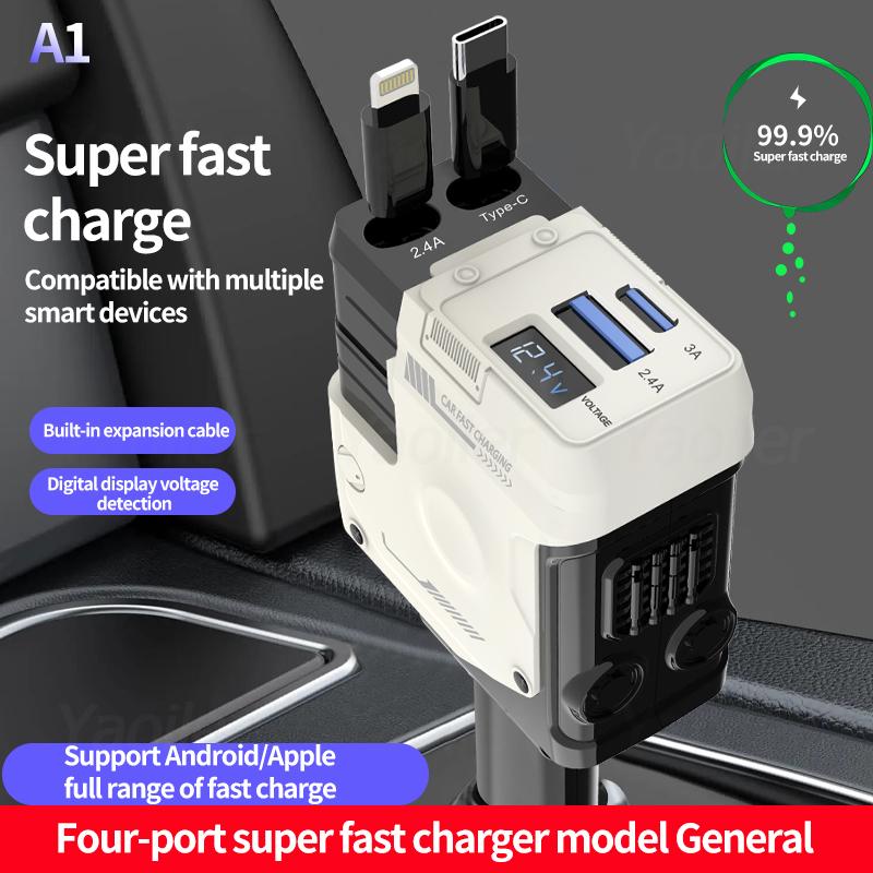 НОВОЕ 4 в 1 120 Вт USB C автомобильное зарядное устройство с выдвижным кабелем для быстрой зарядки телефонов в автомобиле для iPhone Huawei Samsung Xiaomi