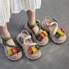 Johnature Retro Flower Peep Toe Platform Sandals Breathable Genuine Leather Versatile Women's Shoes
