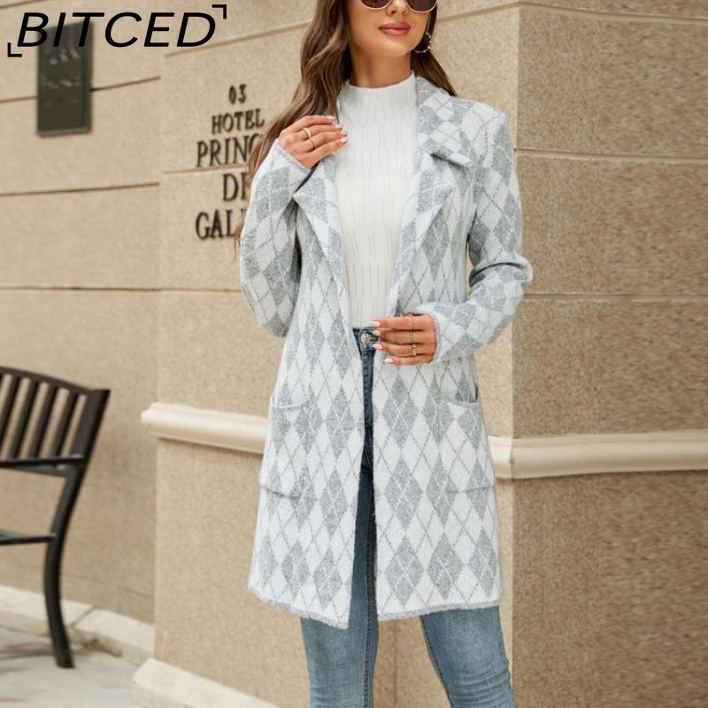 BITCED Autumn/Winter Long-Line Sweater: Colour-Blocked Houndstooth Knit Cardigan with Elegant Commuter Style Tailored Blazer with Suit Collar