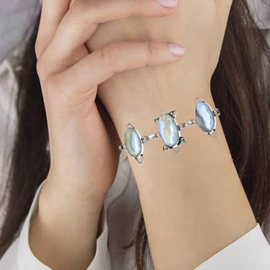 Silver Lace Blue Bracelet Sterling Agate Gemstone 7-8" Cuff Agate, Topaz