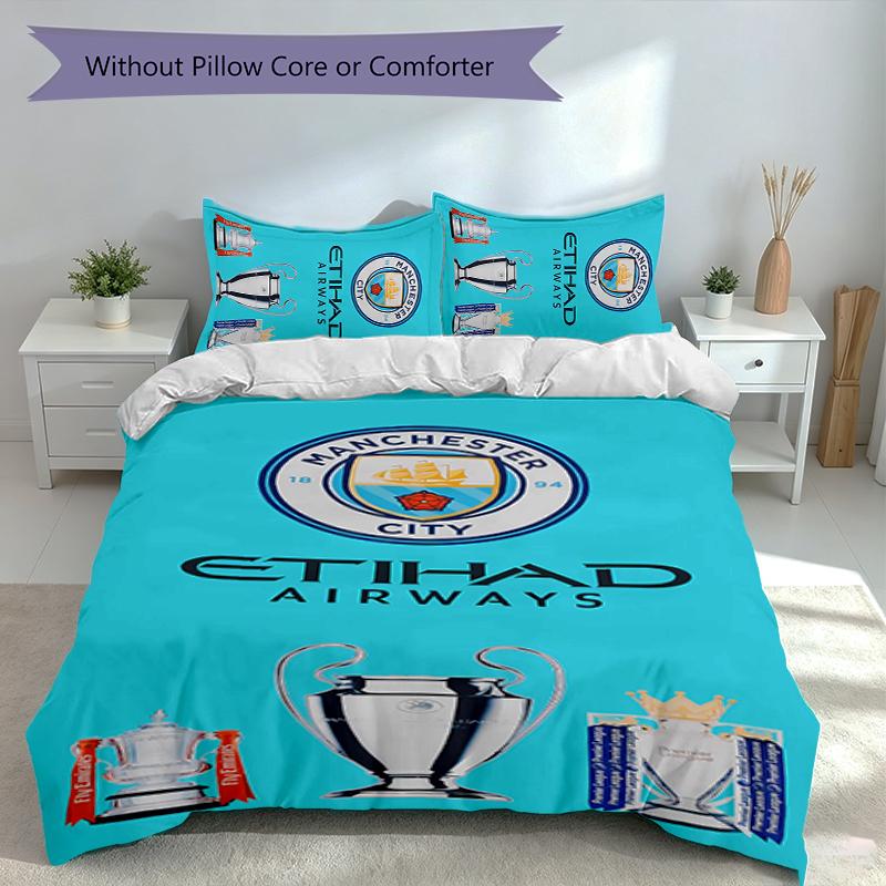 3pcs Manchester City Football Club Duvet Cover Set, Includes 1 Duvet Cover and 2 Pillowcases,Skin-Friendly&Comfortable Fabric,Suitable Bedding Sets