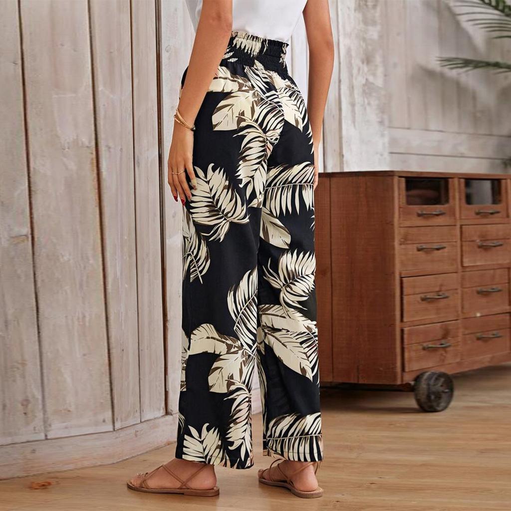 Women's Printed Wide Leg Pants With Pockets High Waist Drawstring Loose Casual Pants