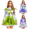 Womens Alien Astronaut Cosplay Dress Long Sleeve Flap Contrast Color Metallic Shiny A-line Space Warrior Dress