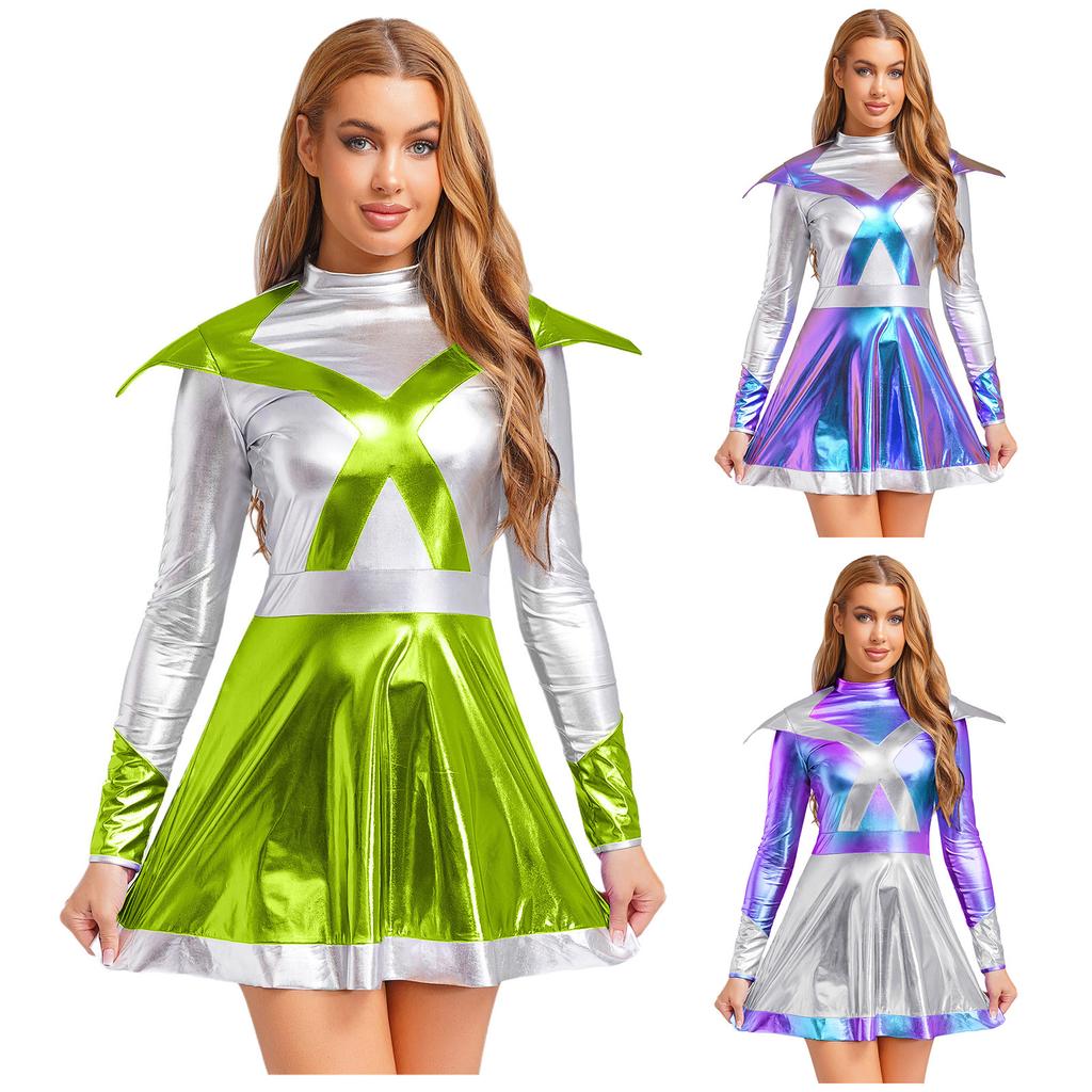 Womens Alien Astronaut Cosplay Dress Long Sleeve Flap Contrast Color Metallic Shiny A-line Space Warrior Dress