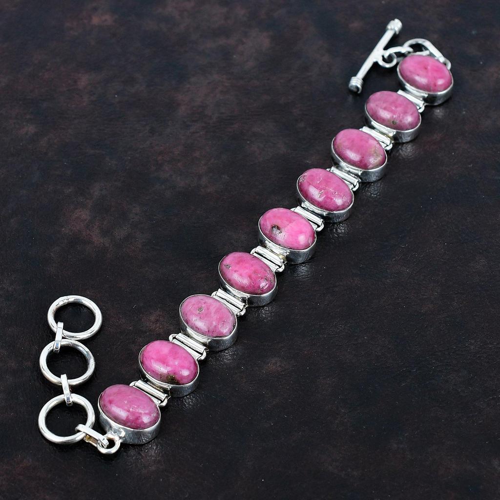 Браслет из драгоценного камня родонит, ручная работа, уникальный дизайн, ювелирное изделие, браслет из стерлингового серебра 925 пробы, регулируемый браслет-цепочка, подарки для нее, ювелирные изделия в стиле бохо