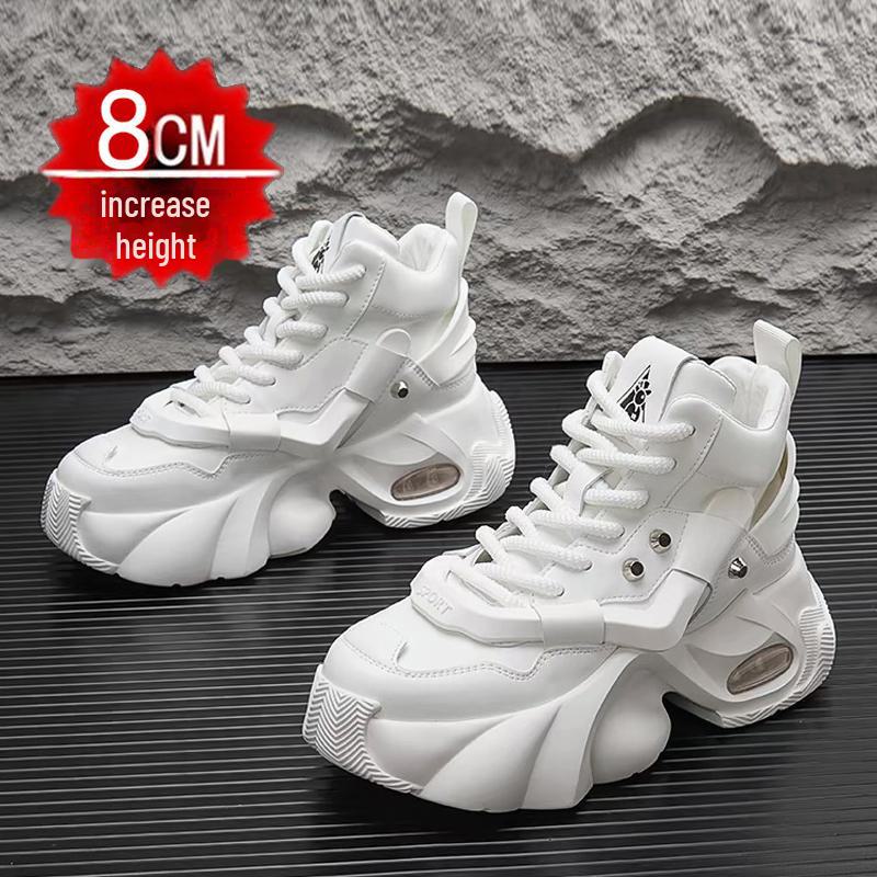 2024 Men's White High-Top Shoes with 12cm Invisible Height Increase, Air Cushion, Thick Sole, Fashionable Dad Sneakers