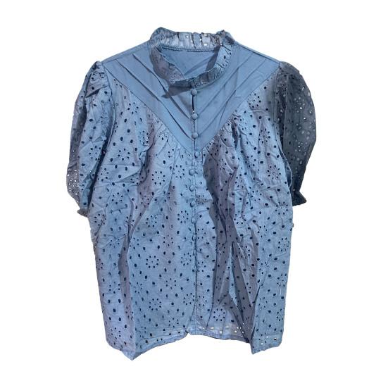 Женская рубашка с воротником-стойкой и V-образным вырезом, коротким рукавом, ажурным вышитым цветочным узором, кружевная блузка, повседневные нарядные топы